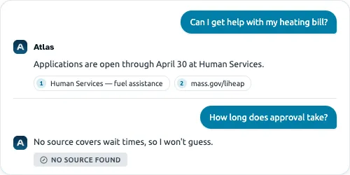 Atlas answers a resident asking for help with a heating bill, citing two sources, then declines a follow-up about approval wait times with a no-source-found notice rather than guessing.